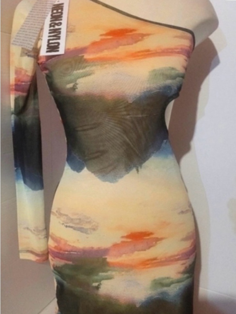 NEW Neon & Nylon Multicolor One-Shoulder Dress Sz S